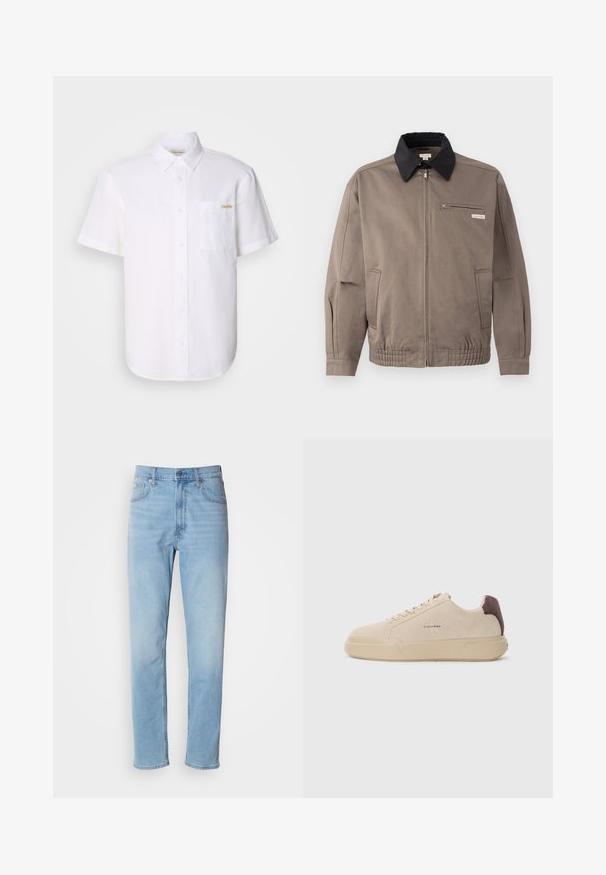 Graue Jacke mit schwarzem Kragen, Reißverschluss vorne und Brusttasche. Merkmale sind elastische Bündchen und Gummizug am Saum, aus strapazierfähigem Material.; Weißes kurzärmeliges Hemd mit Knöpfen aus leichtem Stoff, mit einer Brusttasche und einem dezenten Logodetail. Sanfte Textur und klassischer Kragen.; Hellblaue Jeans mit geradem Schnitt, fünf Taschen und Gürtelschlaufen. Der Stoff hat eine glatte Textur mit einem leichten Verblassungseffekt.; Beige Wildleder-Sneaker mit runder Spitze, Schnürung vorne und einem braunen Wildlederakzent an der Ferse. Verfügt über eine strukturierte Gummisohle.