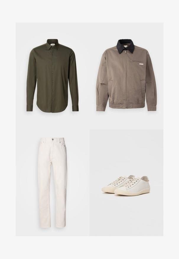 Grå jakke med sort krave, front lynlås og brystlomme. Har elastiske manchetter og linning, lavet af slidstærkt stof.; Calvin Klein SLIM - Skjorter - forest; Hvide denim jeans med lige ben, med knap- og lynlåslukning, bæltestropper samt for- og baglommer, præsenteret på en ensfarvet baggrund.; Hvide sneakers lavet af glat læder med tonede stikninger, snørebåndslukning, rund tå og en tekstureret gummisål.