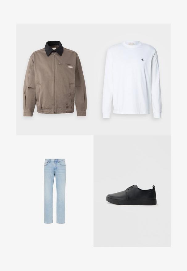 Graue Jacke mit schwarzem Kragen, Reißverschluss vorne und Brusttasche. Merkmale sind elastische Bündchen und Gummizug am Saum, aus strapazierfähigem Material.; Weißes Baumwollhemd mit langen Ärmeln, Rundhalsausschnitt und kleinem schwarzem "cK"-Logo auf der linken Brust.; Hellblaue Straight-Leg-Jeans aus Denim mit vorderem Knopf, Reißverschluss und Fünf-Taschen-Design, gezeigt auf weißem Hintergrund.; Schwarze Leder-Sneaker mit glatter Oberfläche, abgerundeter Zehenpartie, gleichfarbiger Nähte, schnürbarem Vorderteil und flacher Gummisohle. Schlaufe an der Ferse.
