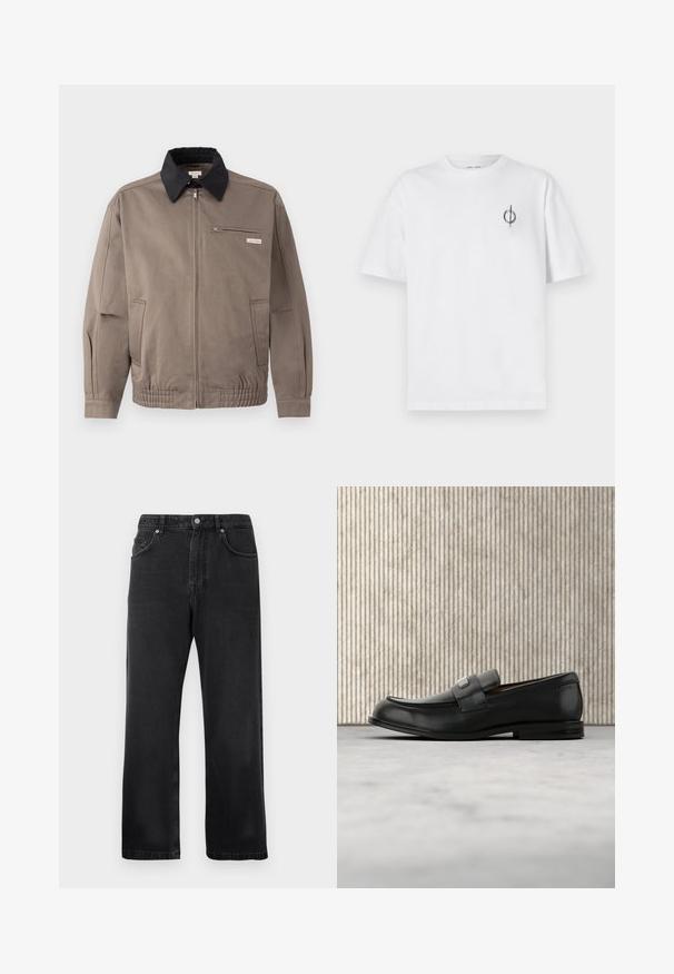 Graue Jacke mit schwarzem Kragen, Reißverschluss vorne und Brusttasche. Merkmale sind elastische Bündchen und Gummizug am Saum, aus strapazierfähigem Material.; Weißes Baumwoll-T-Shirt mit lockerer Passform, das ein kleines schwarzes Grafiklogo auf der linken Brustseite aufweist. Kurze Ärmel, Rundhalsausschnitt.; Schwarze gerade geschnittene Jeans mit Vordertaschen, Gürtelschlaufen und einem Knopfverschluss auf weißem Hintergrund.; Schwarzer Lederloafer mit einer Metallmarkenplatte, der nahe einem braunen runden Tisch auf beigem Teppichboden ruht.