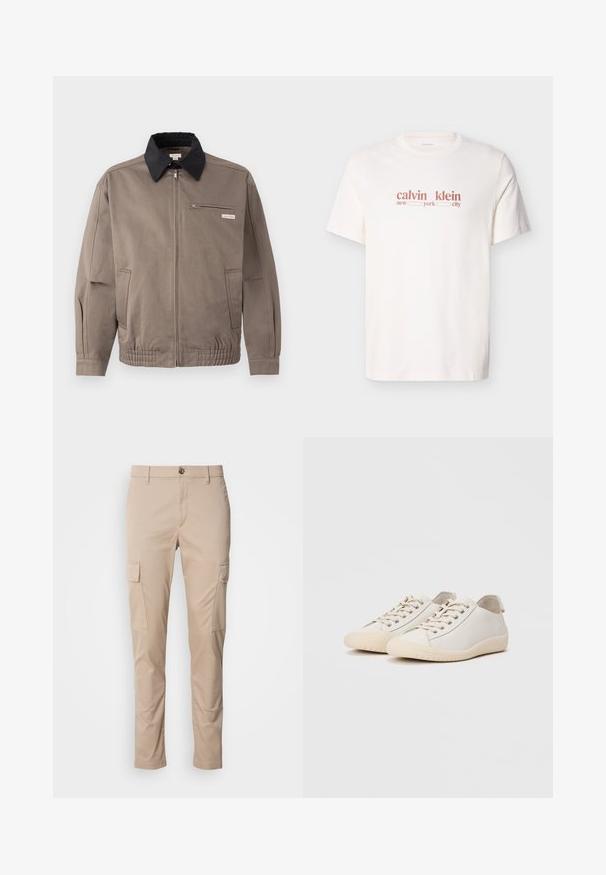 Veste grise avec un col noir, fermeture éclair sur le devant et une poche poitrine. Dispose de poignets et d'une taille élastiques, fabriquée en tissu durable.; T-shirt en coton blanc avec un texte rouge indiquant "calvin klein new york city." Manches courtes et col rond.; Pantalons cargo beiges avec deux poches latérales, coupe ajustée, fabriqués en tissu léger, dotés d'une fermeture à bouton sur le devant et de passants de ceinture.; Baskets blanches en cuir lisse avec des coutures ton sur ton, fermeture à lacets, bout arrondi et semelle en caoutchouc texturée.