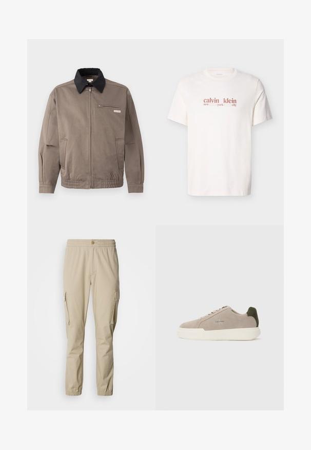 Graue Jacke mit schwarzem Kragen, Reißverschluss vorne und Brusttasche. Merkmale sind elastische Bündchen und Gummizug am Saum, aus strapazierfähigem Material.; Weißes Baumwoll-T-Shirt mit rotem Text "calvin klein new york city." Kurzärmlig mit Rundhalsausschnitt.; Beige Cargo-Hosen mit elastischem Bund, Knopfverschluss, Seitentaschen und elastischen Bündchen an den Knöcheln, aus leichtem Stoff gefertigt.; Beige Wildledersneaker mit einer weißen Gummisohle, die einen dunkelgrünen Akzent an der Ferse und dezente Markenaufschrift an der Seite aufweisen.