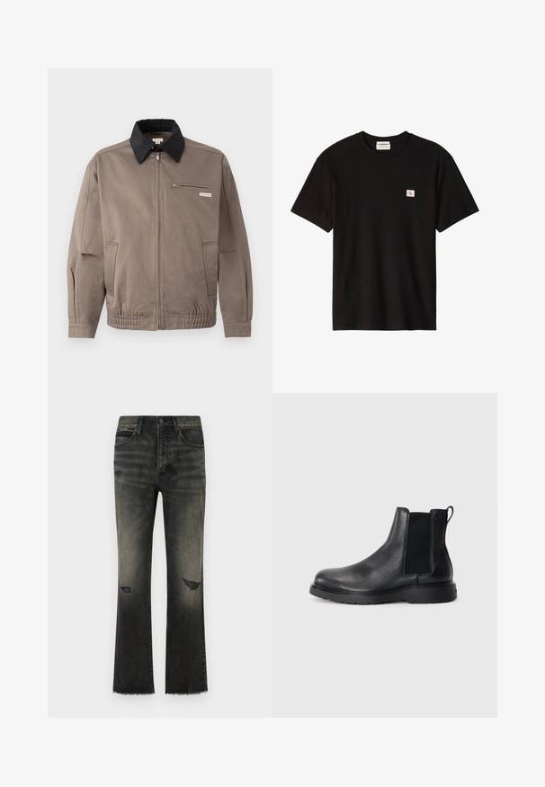 Grijze jas met een zwarte kraag, een ritssluiting aan de voorkant en een borstzak. Beschikt over elastische manchetten en een tailleband, gemaakt van duurzaam materiaal.; Zwart geribd t-shirt met korte mouwen, ronde hals en een klein wit vierkant patch met rood "cK" logo op de linkerborst.; Zwarte denim flared jeans met een vervaagde afwerking, zichtbare slijtage en een uitgerafelde zoom. Heeft een klassieke stijl met vijf zakken en metalen knoopsluiting.; Zwarte leren Chelsea boots met een gestructureerde afwerking, elastische zijpanelen en een stevige rubberen zool. Subtiele branding op de hiel.
