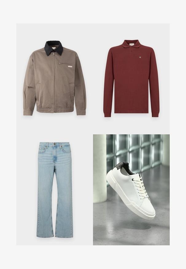 Grijze jas met een zwarte kraag, een ritssluiting aan de voorkant en een borstzak. Beschikt over elastische manchetten en een tailleband, gemaakt van duurzaam materiaal.; Bordeaux lange mouwen polo shirt van katoen, met een klassieke kraag, een drie-knopen sluiting en een klein geborduurd logo op de borst.; Lichtblauwe denim flare jeans met een middelhoge taille, vijf zakken en contrasterende stiksels. Voorzien van een ritssluiting en metalen knoopsluiting.; Witte lage sneaker met zwarte, gestructureerde hielkap, witte veters en dikke zool op een gepolijste betonnen vloer nabij glazen blokken.
