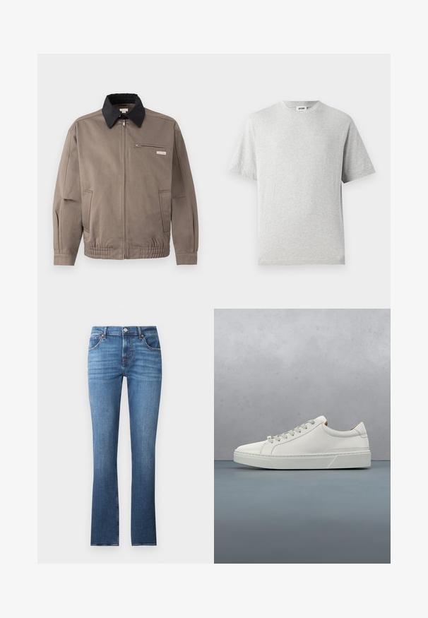 Graue Jacke mit schwarzem Kragen, Reißverschluss vorne und Brusttasche. Merkmale sind elastische Bündchen und Gummizug am Saum, aus strapazierfähigem Material.; Graues T-Shirt mit kurzen Ärmeln aus weichem Stoff. Besitzt einen Rundhalsausschnitt, einen lockeren Schnitt und keine Muster oder Logos. Glatte Textur über das gesamte Shirt.; Blaue Jeans aus Denim mit geradem Bein, leicht ausgebleicht, fünf Taschen und Metallbeschlägen. Der Bund ist mit Gürtelschlaufen ausgestattet.; Weißes Leder-Sneaker mit abgerundetem Zehenbereich, minimalistisches Design, graue Schnürsenkel und einer strukturierten grauen Gummisohle. Dezente Nähte sichtbar.