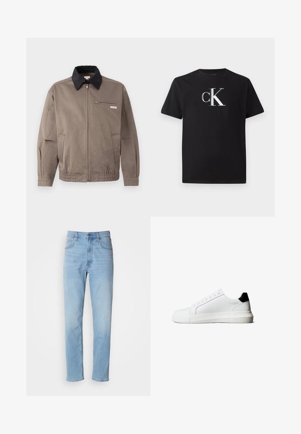 Grå jakke med sort krave, front lynlås og brystlomme. Har elastiske manchetter og linning, lavet af slidstærkt stof.; Sort bomulds T-shirt med et sølv "ck" logo foran. Korte ærmer og rund halsudskæring med en almindelig pasform.; Lys blå denim jeans med lige pasform, fem lommer og bæltestropper. Stoffet har en glat overflade med en let falmningseffekt.; Hvide lædersneakers med sort hælkappe, flade snørebånd, rundet tå og en ribbet gummisål for godt greb.