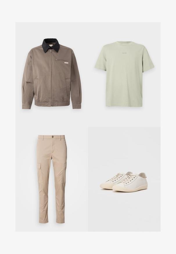 Graue Jacke mit schwarzem Kragen, Reißverschluss vorne und Brusttasche. Merkmale sind elastische Bündchen und Gummizug am Saum, aus strapazierfähigem Material.; Hellgrünes Baumwoll-T-Shirt mit Rundhalsausschnitt, kurzen Ärmeln und einem kleinen Calvin Klein-Logo in einer dunkleren Farbe, das auf der Brust gedruckt ist.; Beige Cargo-Hosen mit zwei seitlichen Taschen, slim fit, aus leichtem Stoff, mit einem Knopfverschluss vorne und Gürtelschlaufen.; Weiße Sneaker aus glattem Leder mit tonalem Nähten, Schnürverschluss, runder Zehenpartie und einer strukturierten Gummisohle.
