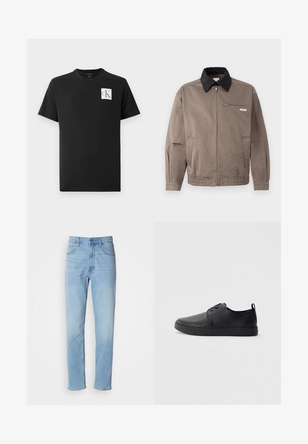 Graue Jacke mit schwarzem Kragen, Reißverschluss vorne und Brusttasche. Merkmale sind elastische Bündchen und Gummizug am Saum, aus strapazierfähigem Material.; Schwarzes Baumwoll-T-Shirt mit kurzen Ärmeln und Rundhalsausschnitt. Enthält ein weißes quadratisches Logo mit "CK" in Schwarz auf der linken Brust.; Hellblaue Jeans mit geradem Schnitt, fünf Taschen und Gürtelschlaufen. Der Stoff hat eine glatte Textur mit einem leichten Verblassungseffekt.; Schwarze Leder-Sneaker mit glatter Oberfläche, abgerundeter Zehenpartie, gleichfarbiger Nähte, schnürbarem Vorderteil und flacher Gummisohle. Schlaufe an der Ferse.