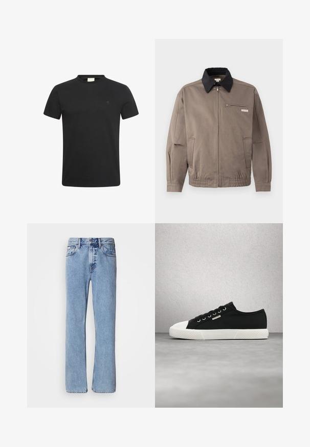 Grå jakke med sort krave, front lynlås og brystlomme. Har elastiske manchetter og linning, lavet af slidstærkt stof.; Sort t-shirt med korte ærmer og rund halsudskæring med lille diskret "cK" logo på venstre bryst.; Lyseblå denimjeans med lige ben design, fem lommer og knaplukning. Syninger nær lommer og talje.; Sort-hvid lavtop-sneaker fra Calvin Klein med snørebånd, svævende over en glat grå gulv nær en væg af glasblokke.