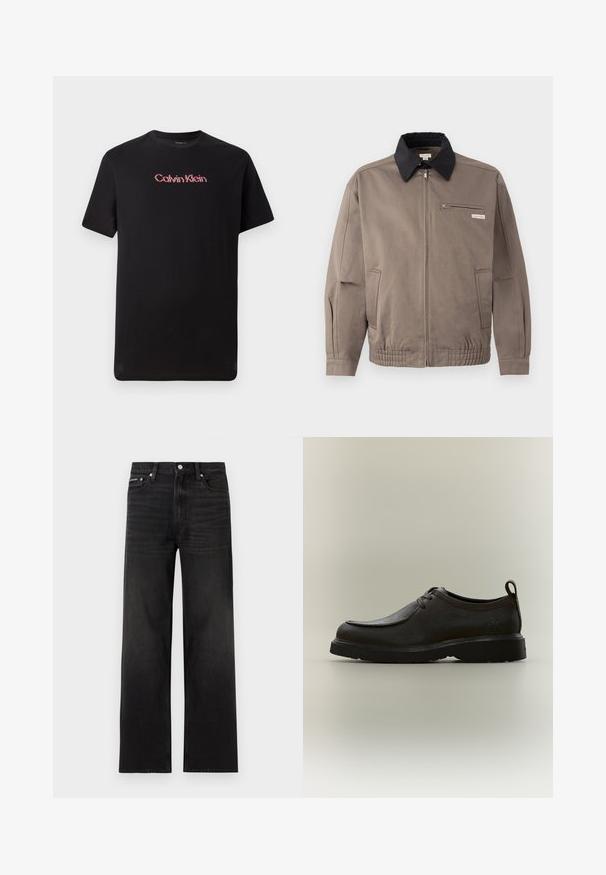 Grå jakke med sort krave, front lynlås og brystlomme. Har elastiske manchetter og linning, lavet af slidstærkt stof.; Sort kortærmet t-shirt lavet af bomuld, med et centralt Calvin Klein-logo i rød og hvid, med rund halsudskæring og afslappet pasform.; Sorte jeans med lige ben, fem-lomme design, bæltestropper og knaplukning, vist på en hvid baggrund.; Sort læder snøresko med tekstureret overdel, træksløjfe ved hælen, tyk sål og præget "ck" logo nær hælen på neutral baggrund.