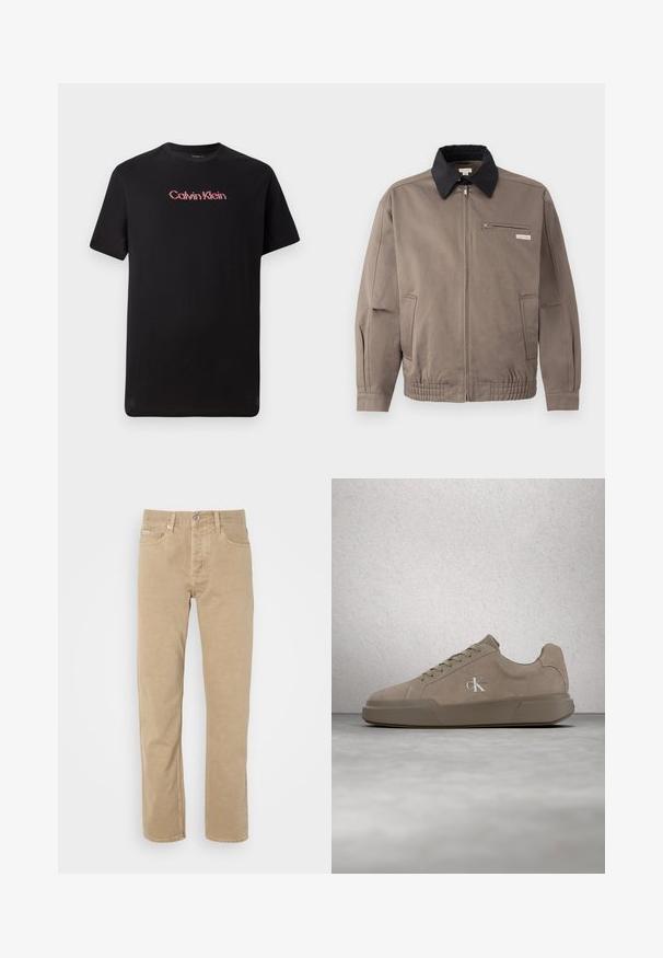 Graue Jacke mit schwarzem Kragen, Reißverschluss vorne und Brusttasche. Merkmale sind elastische Bündchen und Gummizug am Saum, aus strapazierfähigem Material.; Schwarzes T-Shirt mit kurzen Ärmeln aus Baumwolle, das ein zentrales Calvin Klein-Logo in Rot und Weiß aufweist, mit Rundhalsausschnitt und lässiger Passform.; Beige Baumwollhose mit geradem Bein, ausgestattet mit Fronttaschen, einem Knopfverschluss und dezenten Nähten entlang der Säume.; Beiger Veloursledersneaker mit Schnürsenkeln und "ck"-Logo, schwebend über einem polierten Betonboden vor einer Wand aus Glasklötzen dargestellt.