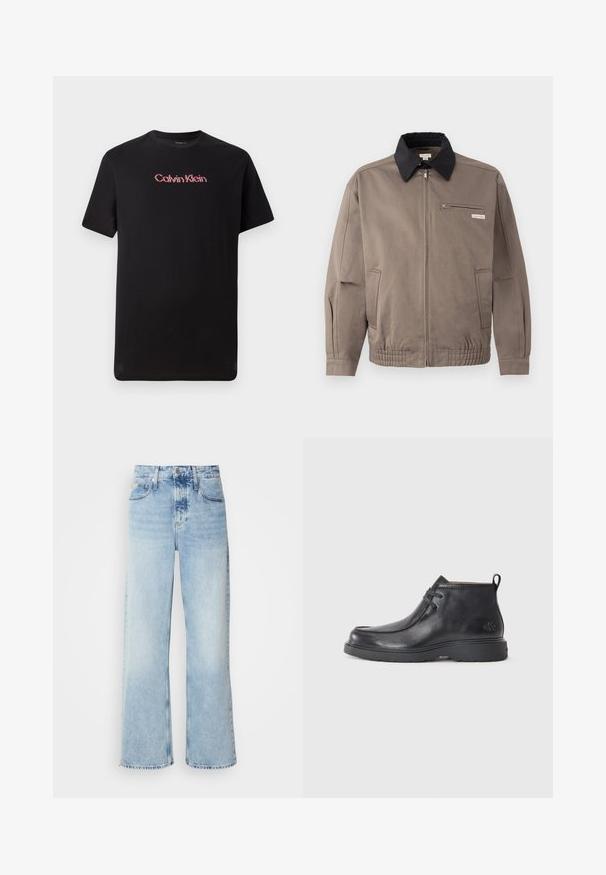 Grå jakke med sort krave, front lynlås og brystlomme. Har elastiske manchetter og linning, lavet af slidstærkt stof.; Sort kortærmet t-shirt lavet af bomuld, med et centralt Calvin Klein-logo i rød og hvid, med rund halsudskæring og afslappet pasform.; Lysblå vide jeans med høj talje, der har en falmet finish, bæltestropper og klassisk fem-lomme design. Kantene er rå.; Sorte læder ankelstøvler med rund tå, snørelukning og en løkke bagpå. Tekstureret overdel og gummisål.
