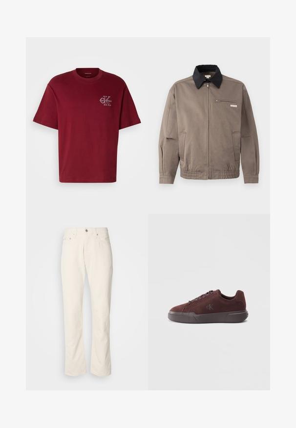 Graue Jacke mit schwarzem Kragen, Reißverschluss vorne und Brusttasche. Merkmale sind elastische Bündchen und Gummizug am Saum, aus strapazierfähigem Material.; Bordeauxfarbendes Baumwoll-T-Shirt mit einer lockeren Passform, kurzen Ärmeln und einem weißen Logo-Detail auf der Vorderseite. Verfügt über einen Rundhalsausschnitt und eine glatte Textur.; Beige Baumwolljeans mit klassischem geradem Bein, ausgestattet mit einem Frontknopfverschluss, fünf Taschen und dezenten Nähdetails.; Burgunderfarbene Wildledersneaker mit Gummisohle, runden Schnürsenkeln und einem dezenten, geprägten Logo an der Seite zur Markenkennzeichnung.