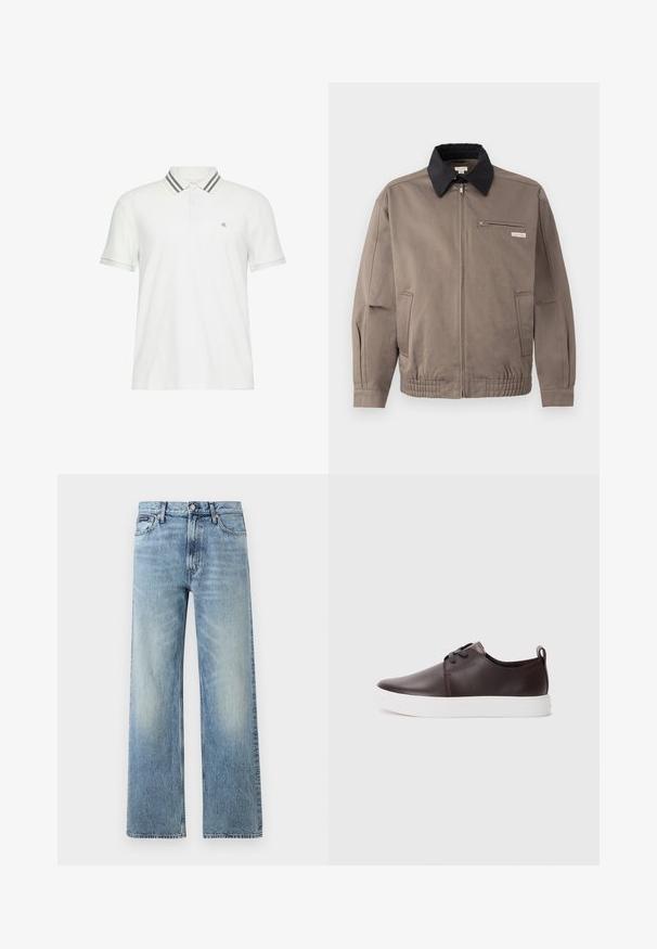 Veste grise avec un col noir, fermeture éclair sur le devant et une poche poitrine. Dispose de poignets et d'une taille élastiques, fabriquée en tissu durable.; Polo blanc à manches courtes avec col rayé gris et petit logo "cK" sur la poitrine gauche.; Jean droit en denim bleu clair avec taille haute, cinq poches, fermeture à boutons et léger délavage sur les cuisses et les genoux.; Baskets en cuir marron avec une finition lisse, semelle en caoutchouc blanche, bout rond et design à lacets. Comprend une languette au niveau du talon.