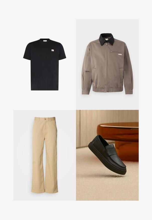Graue Jacke mit schwarzem Kragen, Reißverschluss vorne und Brusttasche. Merkmale sind elastische Bündchen und Gummizug am Saum, aus strapazierfähigem Material.; Schwarzes T-Shirt mit kurzen Ärmeln und Rundhalsausschnitt mit kleinem weißen rechteckigem Logo-Patch mit roten und schwarzen CK-Buchstaben auf der linken Brust.; Beige, weit geschnittene Hosen aus einer Baumwollmischung. Mit einem Knopfverschluss und Gürtelschlaufen. Glatte Textur mit minimalen Nähten.; Schwarzer Leder-Pantoffel mit einem Riemen über dem Obermaterial, positioniert auf einem beigen Teppich und neben einem braunen runden Tisch.