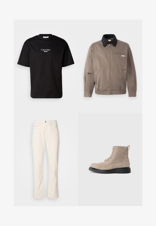Grå jakke med sort krave, front lynlås og brystlomme. Har elastiske manchetter og linning, lavet af slidstærkt stof.; Sort bomulds t-shirt med rund hals, korte ærmer og hvid "Calvin Klein JEANS" logo på forsiden. Simpel og lige skåret design.; Beige bomuldsjeans med et klassisk lige ben-design, der har en forreste knaplukning, fem lommer og diskrete syninger.; Beige ruskindsankelstøvler med sort gummisål, snørelukning og et lille logo præget på siden, med en løftestrop bagpå.