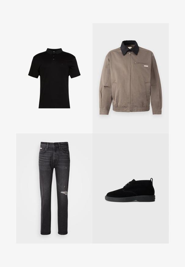 Veste grise avec un col noir, fermeture éclair sur le devant et une poche poitrine. Dispose de poignets et d'une taille élastiques, fabriquée en tissu durable.; Polo noir en tissu lisse, avec un col à revers, une patte à trois boutons et un petit logo sur le côté gauche de la poitrine.; Jean en denim noir avec une coupe droite, des détails déchirés au niveau des genoux, un style à cinq poches et une finition légèrement délavée.; Bottines en suédine noire à bout rond, à lacets, avec une semelle en caoutchouc noire et une languette à l'arrière pour un enfilage facile.