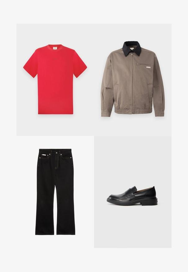 Veste grise avec un col noir, fermeture éclair sur le devant et une poche poitrine. Dispose de poignets et d'une taille élastiques, fabriquée en tissu durable.; T-shirt rouge à col rond en coton. Manches courtes, couleur unie avec un logo discret au centre. Texture douce et coupe classique.; Jean noir droit avec coutures orange, cinq poches, fermeture par bouton, et une petite étiquette Calvin Klein sur la poche avant droite.; Chaussure habillée noire en cuir, à enfiler, avec un petit talon et un logo Calvin Klein discret sur le côté, présentée de profil sur un fond blanc.