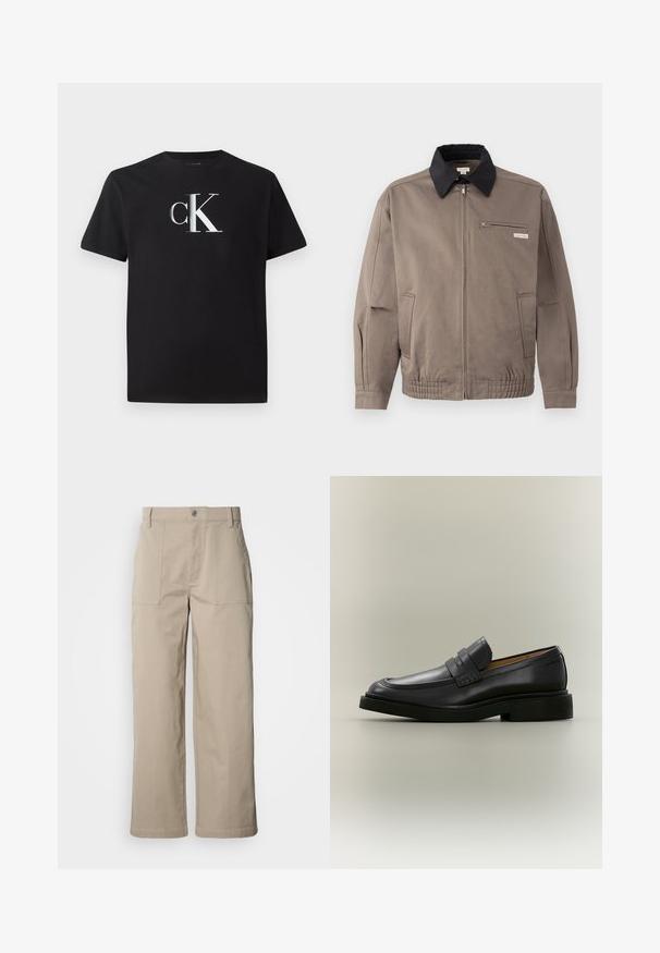 Grijze jas met een zwarte kraag, een ritssluiting aan de voorkant en een borstzak. Beschikt over elastische manchetten en een tailleband, gemaakt van duurzaam materiaal.; Zwarte katoenen t-shirt met een zilveren "ck" logo aan de voorkant. Korte mouwen en een ronde halslijn met een normale pasvorm.; Beige wijde broek van katoen; voorzien van voorzakken met klep, een knoopsluiting en zichtbare stiknaden langs de zoom.; Zwarte leren herenloafer met een lage hak en een banddetail over het bovenwerk, getoond in profiel op een neutrale achtergrond.