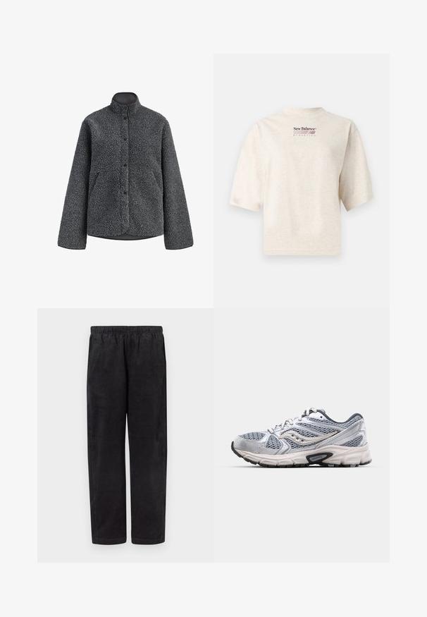 Mørkegrå fleecejakke med høj krave, trykknapper foran, lange ærmer og sidelommer, lavet af tekstureret, blødt sherpa-stof.; Beige New Balance Athletics T-shirt med korte ærmer med vinrødt logo og tekst centreret på brystet, ensfarvet baggrund.; Sorte fløjlsbukser med elastisk taljebånd og lige ben, vist fladt mod en hvid baggrund.; Sølv løbesko med mesh-overdel, polstret sål og grå accenter. Har en rund tå og snørebåndsdesign. Branded logo synlig.