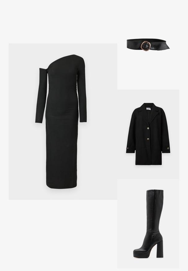 Manteau noir en tissu doux, avec un col cranté, trois boutons à l'avant, des poches latérales et des détails aux poignets avec des boutons assortis.; Robe noire, ajustée, à manches longues avec un décolleté asymétrique et un détail froncé sur le côté, réalisée en tissu côtelé.; Bottes noires montantes en cuir lisse avec une finition texturée, dotées d'un talon bloc haut et d'un design à bout rond.; Ceinture en cuir noir avec une large bande et une grande boucle métallique irrégulière de couleur cuivre.