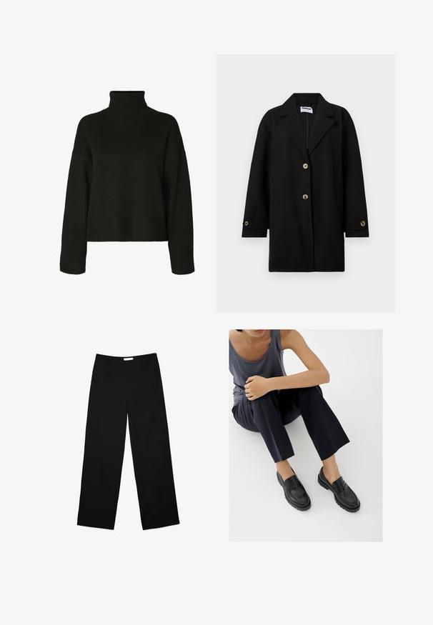 Sort frakke lavet af et blødt stof, med en spids krave, tre frontknapper, sidelommer og manchetter med matchende knapper.; Sort rullekrave sweater lavet af strikket stof. Har lange ærmer, almindelig skuldersøm og ribbede kanter og manchetter for tekstur.; Vide benbukser i sort stof, med en glat overflade, enkelt design og en diskret lynlås i siden til lukning.; Sorte læderloafers med teksturerede detaljer, lav hæl, rund tå og synlige syninger. Modellen bærer mørke bukser og en grå top.