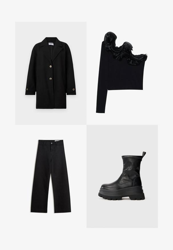 Manteau noir en tissu doux, avec un col cranté, trois boutons à l'avant, des poches latérales et des détails aux poignets avec des boutons assortis.; Top noir à une épaule avec un overlay transparent froncé le long de l'encolure, fabriqué à partir d'un tissu léger à la texture lisse.; Pantalon en denim noir à jambes larges avec une taille haute, comprenant des poches avant et arrière, des coutures piquées et une fermeture à bouton. Texture lisse.; Bottine en cuir noir avec une semelle en caoutchouc épaisse et texturée, des panneaux latéraux élastiques et une languette à l'arrière pour un enfilage facile.