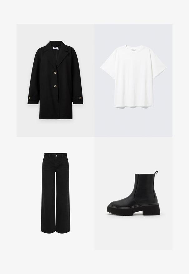 Zwarte jas van een zachte stof, met een geknipte kraag, drie knopen aan de voorkant, zijzakken en mouwdetails met bijpassende knopen.; Witte T-shirt met korte mouwen en een ronde hals, met een relaxte pasvorm en een "WEEKDAY" label aan de binnenkant achter bij de hals.; Zwarte wijde denim broek met een hoge taille, voorzien van een sluiting met een knoop aan de voorkant, twee zijzakken en een klassieke vijfzakkenontwerp.; Zwarte leren enklaarzen met een chunky platformzool en een lichte hak, voorzien van een zijrits en een trekflap aan de achterkant.