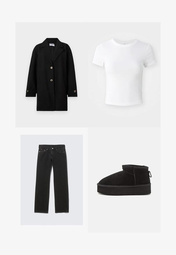 Sort frakke lavet af et blødt stof, med en spids krave, tre frontknapper, sidelommer og manchetter med matchende knapper.; Simpel hvid kortærmet cropped t-shirt med rund halsudskæring, præsenteret på en neutral lys baggrund.; Sorte straight-leg denim jeans med fem lommer, knaplukning og bæltestropper, vist fladt på en lys baggrund.; Sorte ruskinds ankelstøvler med en rund tå, der har en forhøjet sål og en sidesløjfe for nem påtagning. Designet er enkelt med minimale detaljer.