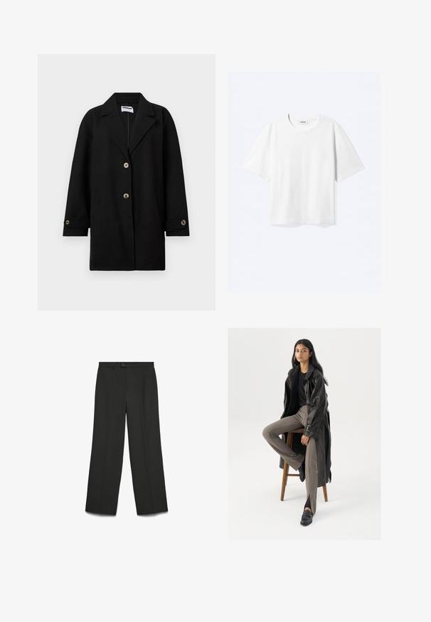 Manteau noir en tissu doux, avec un col cranté, trois boutons à l'avant, des poches latérales et des détails aux poignets avec des boutons assortis.; T-shirt blanc à manches courtes avec col rond et ourlet droit, étiquette de marque "WEEKDAY" à l’intérieur de l’encolure.; Pantalons larges noirs en tissu lisse ; dotés d'une fermeture à bouton, d'un devant plat et de deux poches latérales. Design ajusté, sans motifs.; Manteau trench en cuir noir avec des boutons et une ceinture, associé à un pantalon ajusté marron clair et des mocassins noirs, assis sur un tabouret en bois.
