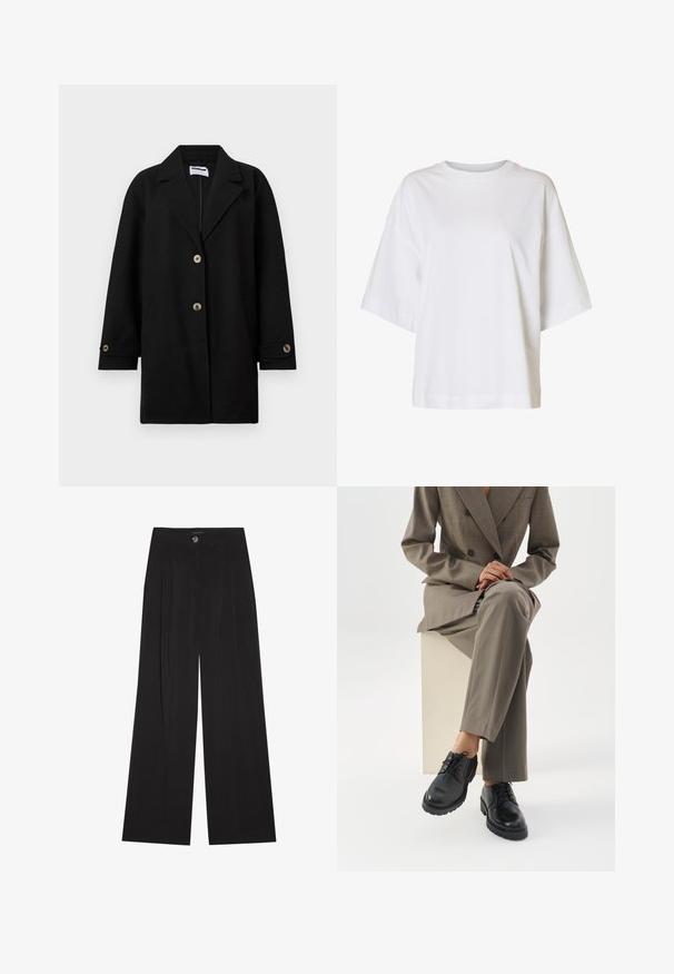 Black coat made from a soft fabric, featuring a notched collar, three front buttons, side pockets, and cuff details with matching buttons.; Loose fit white short sleeve T-shirt with dropped shoulders and a round neckline on a plain background.; Black wide-leg trousers made of soft fabric, featuring a high waist, front pleats, and a single button closure. Smooth texture and tailored design.; Person wearing a taupe suit sitting on a white block with legs crossed, showcasing black lace-up leather shoes on a white background.