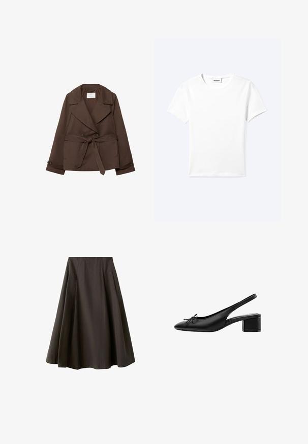 Veste en mélange de coton marron avec une double boutonnage à l'avant, des revers larges, des poches latérales et une ceinture à nouer. Texture lisse et coupe ajustée.; T-shirt blanc uni à manches courtes et col rond avec une petite étiquette "WEEKDAY" à l'intérieur de l'encolure, présenté à plat sur un fond clair.; Jupe noire trapèze à taille haute avec ourlet évasé, fabriquée en tissu lisse, présentée sur fond blanc.; Chaussure slingback en cuir noir avec petit talon carré et petit détail de nœud sur l'orteil pointu, vue de côté sur fond blanc.