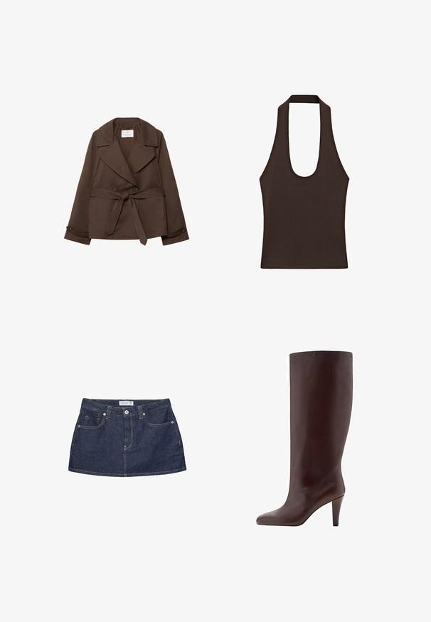 Veste en mélange de coton marron avec une double boutonnage à l'avant, des revers larges, des poches latérales et une ceinture à nouer. Texture lisse et coupe ajustée.; Haut sans manches marron foncé avec larges bretelles et décolleté profond en forme de goutte, en tissu côtelé tricoté.; Minijupe en denim bleu foncé avec bouton sur le devant, poches, passants de ceinture et coutures orange visibles sur fond blanc.; Botte en cuir marron, haute jusqu'au genou, avec un embout pointu et un talon aiguille. Texture lisse et design sans couture.