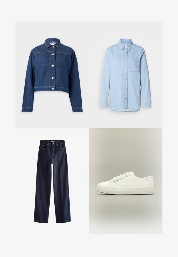 Blå denimjakke med lange ærmer, knaplukning foran og en kort, let croppet pasform.; Lyseblå denimskjorte med knaplukning foran, spids krave, enkelt brystlomme og lange ærmer med knapmanchetter.; Next Jeans Straight Leg - rinse blue; Hvid lavtop sneaker med hvide snørebånd og gummisål vist fra siden på en neutral baggrund.