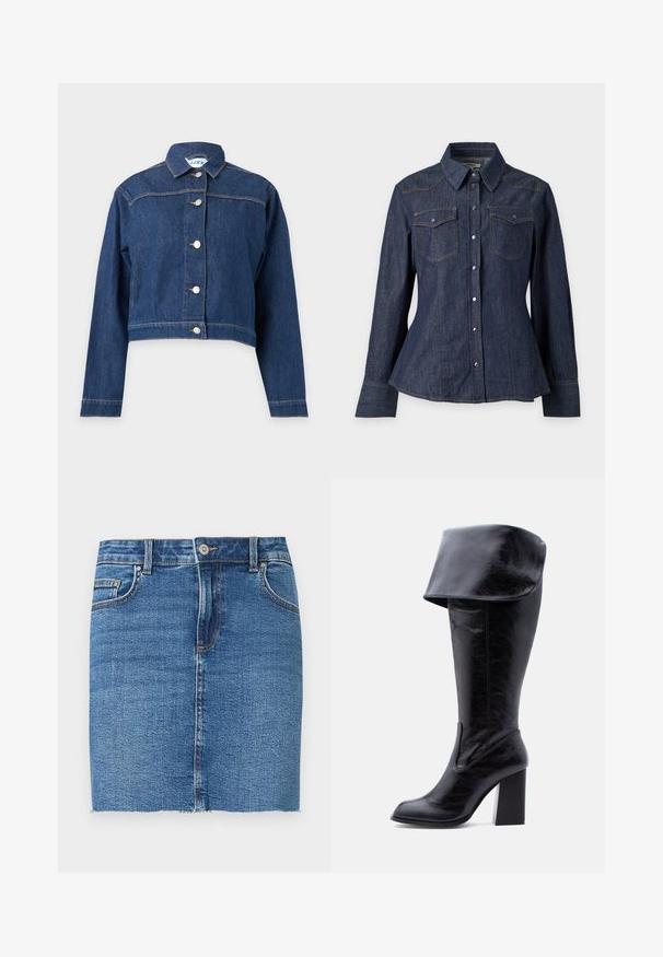 Veste en jean bleue à manches longues, fermeture boutonnée sur le devant et coupe courte légèrement raccourcie.; Chemise en denim bleu foncé à boutons, manches longues, poches poitrine à rabat et col pointu sur fond uni.; Mini-jupe en denim bleu avec fermeture avant à boutons et zip, poches avant et poche monnaie, et ourlet brut.; Botte haute en cuir noir avec talon, bord plié et bout arrondi, debout sur un fond blanc.