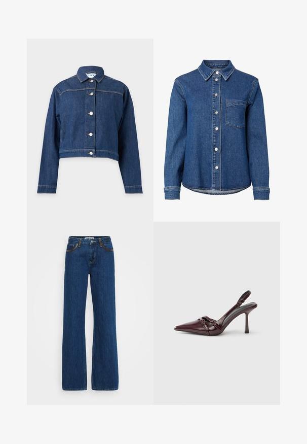 Blaue Jeansjacke mit langen Ärmeln, Knopfverschluss vorne und einer kurzen, leicht verkürzten Passform.; Blaues Denim-Langarmhemd mit Frontknöpfen, einer einzelnen Brusttasche auf der linken Seite und einem klassischen Kragen.; Blaue Jeans im Schlagstil aus Denim mit kontrastierenden Nähten, Fünf-Taschen-Design und Reißverschluss. Der Stoff hat eine weiche Textur mit leichten Verblassungen.; Bordeauxroter Slingback-Pumps aus Lackleder mit spitz zulaufender Vorderkappe, dünnem Knöchelriemen und kleiner dekorativer Schnalle. Glatte Textur und hoher Absatz.