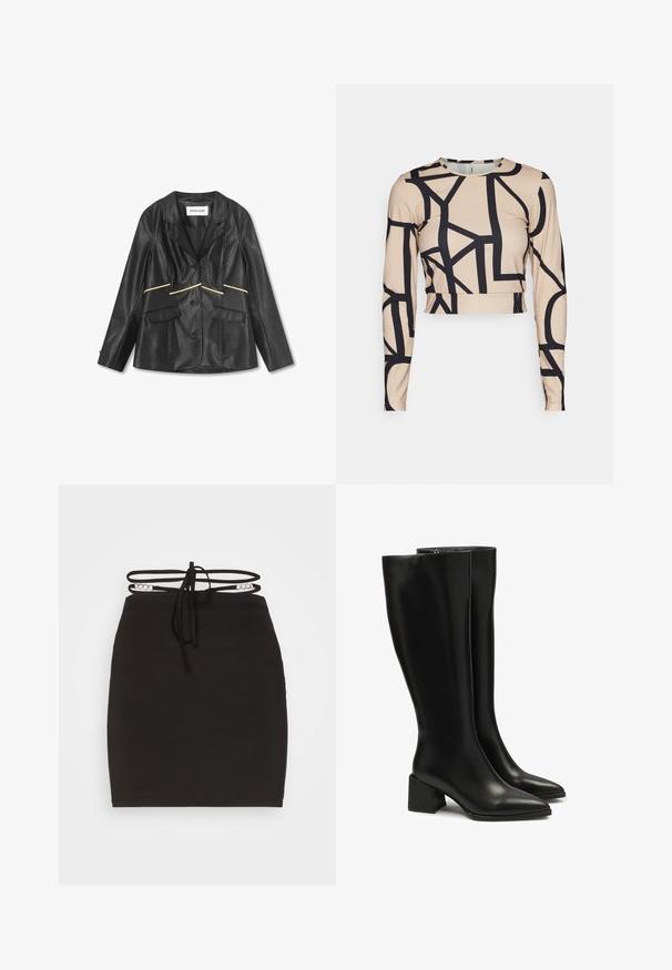 Veste blazer en similicuir noir avec trois boutons, col à revers cranté, poches avant à rabat et bordure diagonale jaune au-dessus des poches.; Haut court à manches longues en beige avec un motif géométrique abstrait noir. Présente un col rond et un tissu lisse et extensible.; Noisy May NMCELESTE CHAIN DETAILS SKRIT - Minijupe - black; Bottes en cuir noires montant jusqu'aux genoux, avec un bout pointu et un large talon bloc. Texture lisse, couture minimaliste, et détail de fermeture éclair simple.