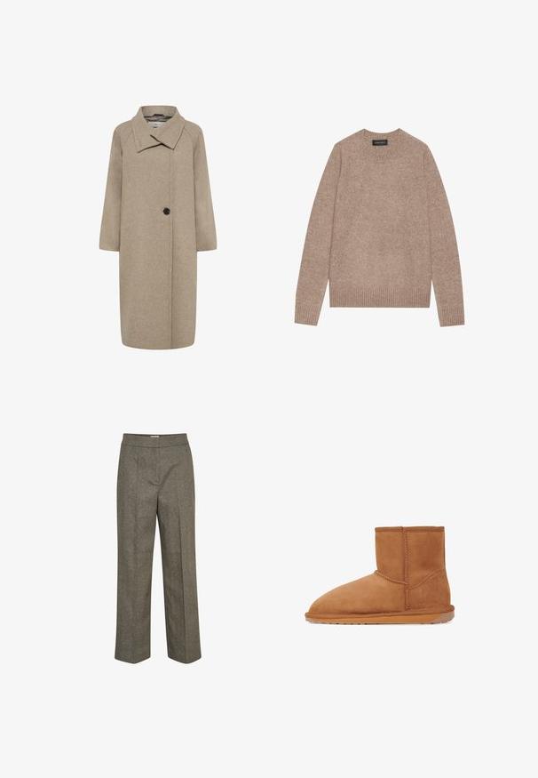 Beige uldfrakke med stor krave, enkelt knaplukning og trekvartlange ærmer. Glat tekstur med en struktureret form.; Lys brun sweater med rund hals, lavet af blødt stof, med ribbede manchetter og kant. Simpelt design med en struktureret overflade.; Grå, høj taljeret bukser lavet af et struktureret stof, med brede ben og folder foran for et skræddersyet udseende.; Tan ruskinds ankelstøvle med rund tå, lodrette sømme og en tekstureret gummisål. Har et logo-accent på bagsiden.