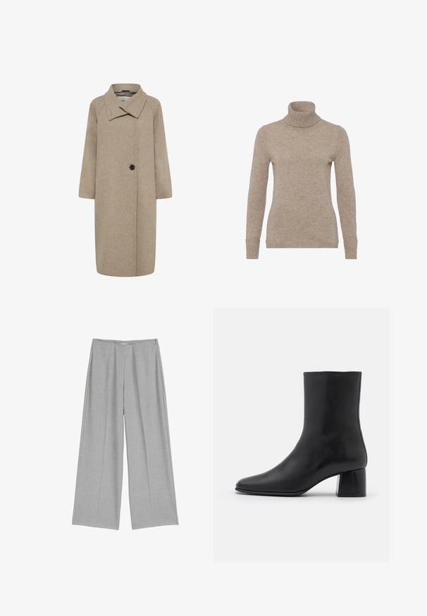 Beige uldfrakke med stor krave, enkelt knaplukning og trekvartlange ærmer. Glat tekstur med en struktureret form.; FTC Cashmere Striktrøje - hazelwood; Lys grå bredbenede bukser med en plisseret front, der har en glat tekstur og en diskret sidelukning med lynlås.; Sorte læder ankelstøvler med spids tå og en kraftig firkantet hæl. Glat overflade med et sømløst design og minimalistisk syning.