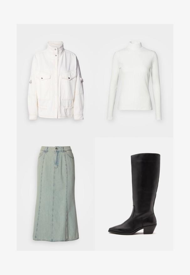 Witte denim jas met een hoge kraag, twee voorkanten zakken, zilveren drukknopen en contrasterende stiksels. Heeft een relaxte pasvorm.; Witte geribbelde coltrui met lange mouwen, gemaakt van rekbare stof. Heeft een getailleerd ontwerp en een hoge halslijn voor bedekking.; Lichtblauwe denim midi-rok met voorknoop, ritssluiting, riemlussen en verticale naaddetails.; Zwarte leren laars tot half op de kuit met een puntige neus en een lage schuine hak op een effen lichte achtergrond.
