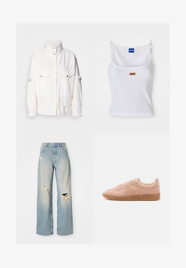 Witte denim jas met een hoge kraag, twee voorkanten zakken, zilveren drukknopen en contrasterende stiksels. Heeft een relaxte pasvorm.; Witte geribde tanktop met verstelbare bandjes, voorzien van een blauw logo label en een klein bruin label, gemaakt van een zachte, rekbare stof.; Lichtblauwe rechte spijkerbroek met hoge taille, riemlussen en versleten scheuren op de linker bovenbeen, rechterknie en onder linkerpijp.; Lichtroze suède sneakers met een rubberen zool, ronde neus en vetersluiting. Heeft minimale branding aan de zijkant en op de hiel.