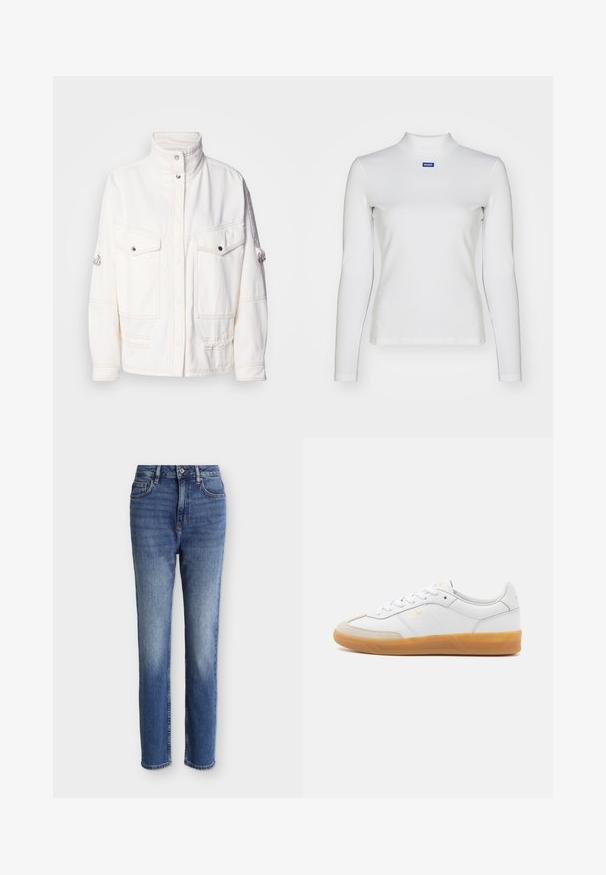 Hvid denimjakke med høj krave, to frontlommer, sølv trykknapper og kontrasterende syninger. Har en afslappet pasform.; Hvid langærmet turtleneck-top lavet af strækstof, med en tætsiddende design og et lille blåt logo på brystet.; Mellemblå højtaljede straight-leg jeans med forlommer, bæltestropper, knappelukning og subtile falmede detaljer på lår og knæ.; Hvide lædersneakers med beige ruskindsdetaljer, gummisål og snøredesign. Har diskret branding i guld.