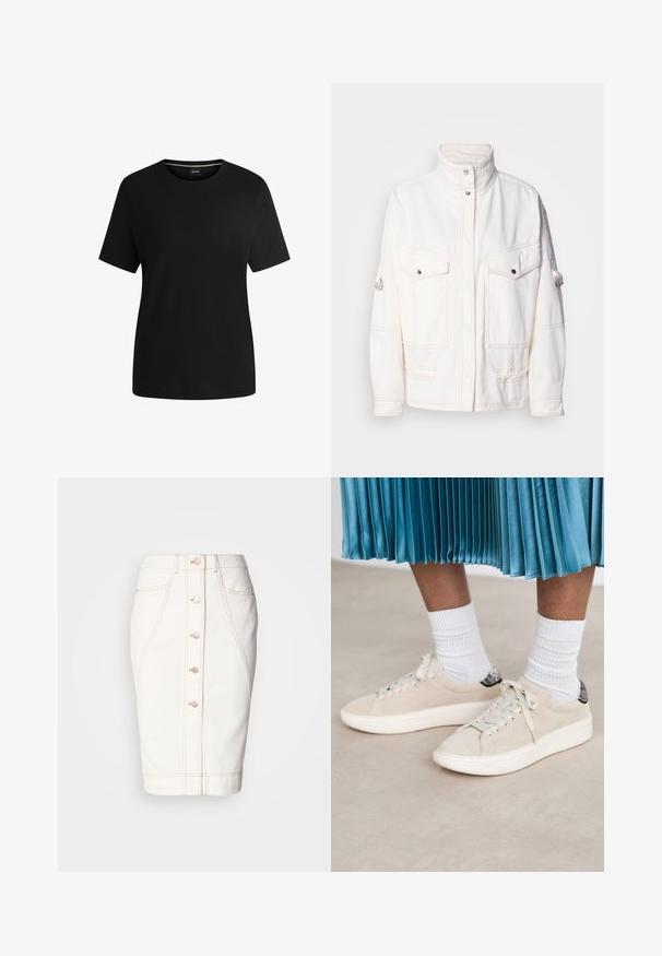 Chaqueta de denim blanca con un cuello alto, dos bolsillos frontales, botones a presión plateados y detalles de costura en contraste. Presenta un ajuste relajado.; Camiseta negra de manga corta hecha de suave algodón, con cuello redondo y una textura lisa. Diseño simple sin patrones ni acentos.; Falda de mezclilla blanca con cierre de botones en la parte delantera, costuras visibles y silueta de lápiz. Sin bolsillos visibles. Textura suave.; Zapatillas de gamuza beige con una suela de goma blanca y un diseño de cordones. Acabadas con una lengüeta trasera negra texturizada. Llevadas con calcetines blancos de canalé.