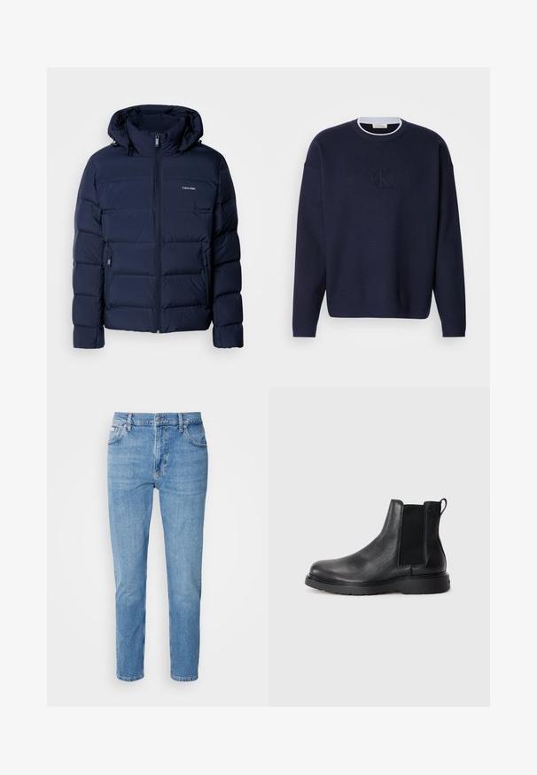 Chaqueta de abrigo azul marino con capucha, que cuenta con un cierre completo, dos bolsillos laterales y paneles cosidos para aislamiento. Sutil logo en el pecho.; Suéter de punto azul marino con cuello redondo, cuello acanalado y sutil logotipo bordado "ck" en la parte frontal. Mangas largas, corte holgado.; Vaqueros de mezclilla azul claro con corte recto, diseño de cinco bolsillos y un sutil desgastado. Presentan un cierre de botón y pasadores para cinturón.; Botas Chelsea de cuero negro con acabado texturizado, paneles laterales elásticos y una suela de goma resistente. Marca sutil en el talón.