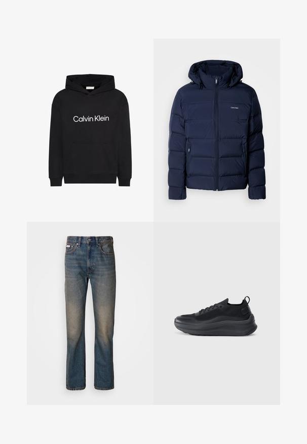 Chaqueta de abrigo azul marino con capucha, que cuenta con un cierre completo, dos bolsillos laterales y paneles cosidos para aislamiento. Sutil logo en el pecho.; Sudadera con capucha negra con bolsillo delantero y logo blanco de "Calvin Klein" centrado en el pecho, con capucha ajustable y mangas largas.; Vaqueros de tiro alto en denim azul, con un diseño de pierna recta, parches desgastados y descoloridos, y un estilo tradicional de cinco bolsillos.; Zapatilla deportiva negra con parte superior de malla, acentos texturizados y una suela de goma gruesa. Cuenta con una lengüeta en el talón y un diseño con cordones.