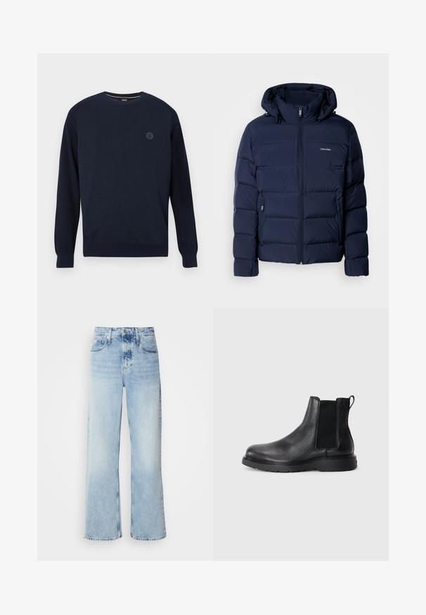 Marineblaue Steppjacke mit Kapuze, ausgestattet mit einem durchgehenden Reißverschluss, zwei seitlichen Taschen und genähten Einsätzen zur Isolierung. Dezentes Logo auf der Brust.; Marineblaues Rundhals-Pullover aus Strickstoff mit gerippten Ärmelbündchen und Saum. Ein rundes Logo befindet sich auf der Brust.; Helle blaue weite Jeans mit hoher Taille, in verwaschenem Finish, mit Gürtelschlaufen und klassischem Fünf-Taschen-Design. Der Saum ist ungesäumt.; Schwarze Leder-Chelsea-Boots mit strukturiertem Finish, elastischen seitlichen Einsätzen und einer robusten Gummisohle. Dezentes Branding an der Ferse.