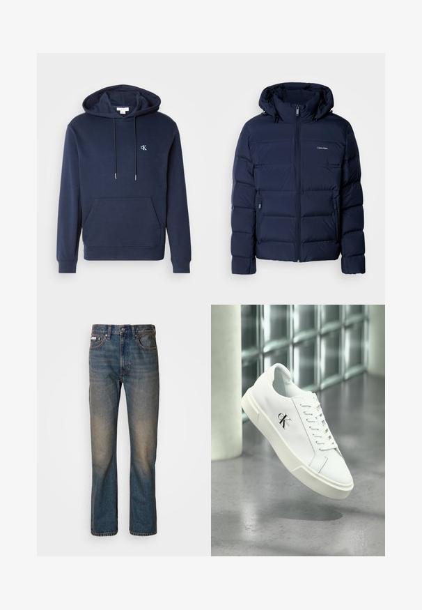Marineblaue Steppjacke mit Kapuze, ausgestattet mit einem durchgehenden Reißverschluss, zwei seitlichen Taschen und genähten Einsätzen zur Isolierung. Dezentes Logo auf der Brust.; Navyfarbener Hoodie mit Kordelzugkapuze, vordertasche, gerippten Bündchen und einem kleinen weißen Logo auf der Brust. Klassisches Design.; Hoch geschnittene blaue Jeans aus Denim mit geradem Bein, verwaschenen, distressierten Stellen und traditionellem Fünf-Taschen-Stil.; Weißer Calvin Klein Sneaker mit Schnürsenkeln, schwebend über einem polierten Betonboden und einer Glasbausteinwand im Hintergrund dargestellt.