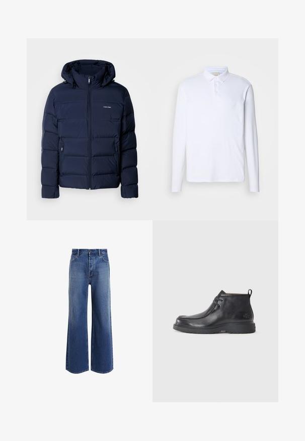 Chaqueta de abrigo azul marino con capucha, que cuenta con un cierre completo, dos bolsillos laterales y paneles cosidos para aislamiento. Sutil logo en el pecho.; Camisa polo blanca de manga larga hecha de una tela suave, con un cuello clásico, una tapeta de tres botones y un sutil logo en el pecho.; Jeans de tiro alto y pierna ancha en denim azul medio, con un diseño clásico de cinco bolsillos, ligero desvanecido y detalles de dobladillo deshilachado.; Botas de cuero negras hasta el tobillo con punta redondeada, diseño con cordones y una lengüeta en la parte trasera. Parte superior texturizada y suela de goma.