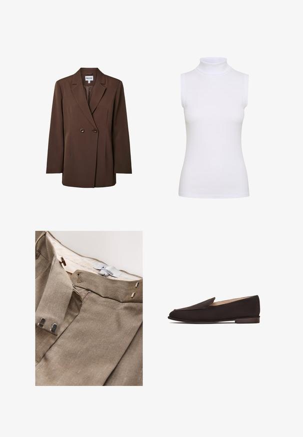 Pieces PCNOLINE LOOSE FIT - Blazer - hot fudge; Hvid ærmeløs turtleneck top i ribbet stof, med en tætsiddende design og glat tekstur, høj krave og ingen synlig hardware.; Brune stofbukser med fine nålestriber. Har en glat talje, lynlås og metallåse for sikker lukning. Foret indvendigt.; Sorte loafers med en glat stofoverdel, spids tå og lavt træhæl. Har et enkelt slip-on design uden synligt udstyr eller pynt.