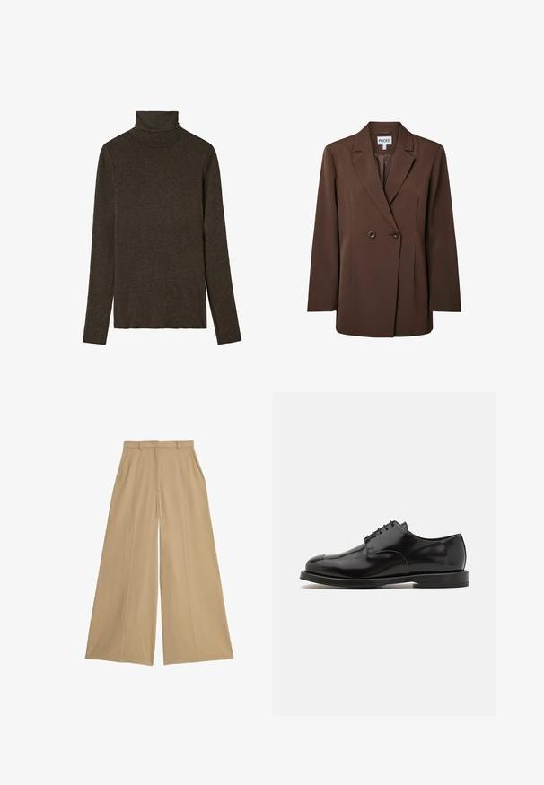 Pieces PCNOLINE LOOSE FIT - Blazer - hot fudge; Mørkebrunt turtleneck top lavet af blød, struktureret stof. Har lange ærmer og en tætsiddende pasform, med en glat halsudskæring.; Beige brede bukser lavet af et let væv, med to sidelommer, flad front og en glat overflade.; Sorte læderherresko med en poleret finish, rund tå, snørelukning, kontrasterende sål og minimalistiske syninger.
